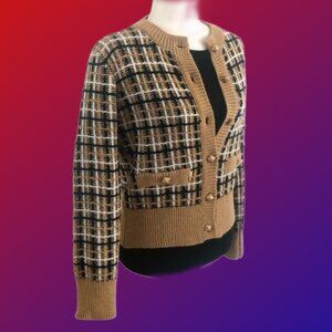 B. YU Textured Tweed Cardigan Cream Black White Made Italy Size S Excellent Cond